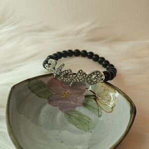 Elegant Black Beaded Inspirational Bracelet with Silver Accents